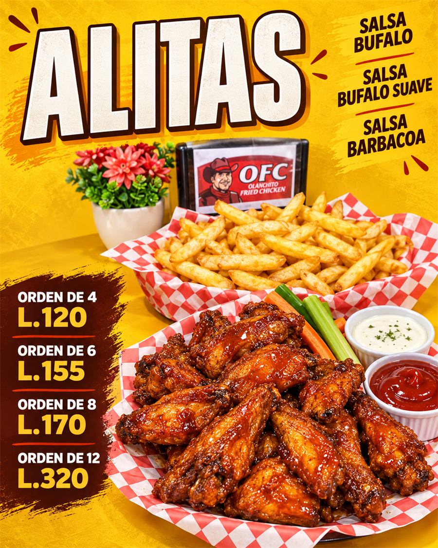 Afiche: alitas en salsa búfalo, búfalo suave o barbacoa. Orden de 4 L. 120, de 6 L. 155, de 8 L. 170 y de 12 L. 320.