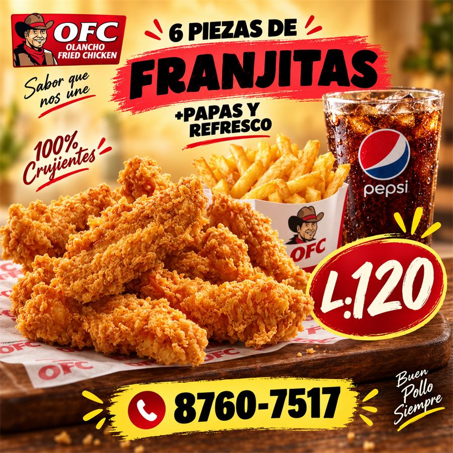Afiche: 6 piezas de franjitas con papas y refresco, L. 120.