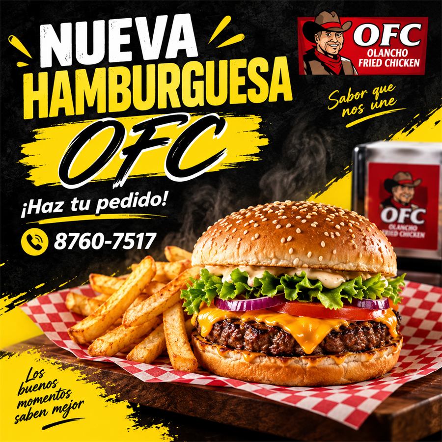 Afiche: nueva hamburguesa OFC con papas.