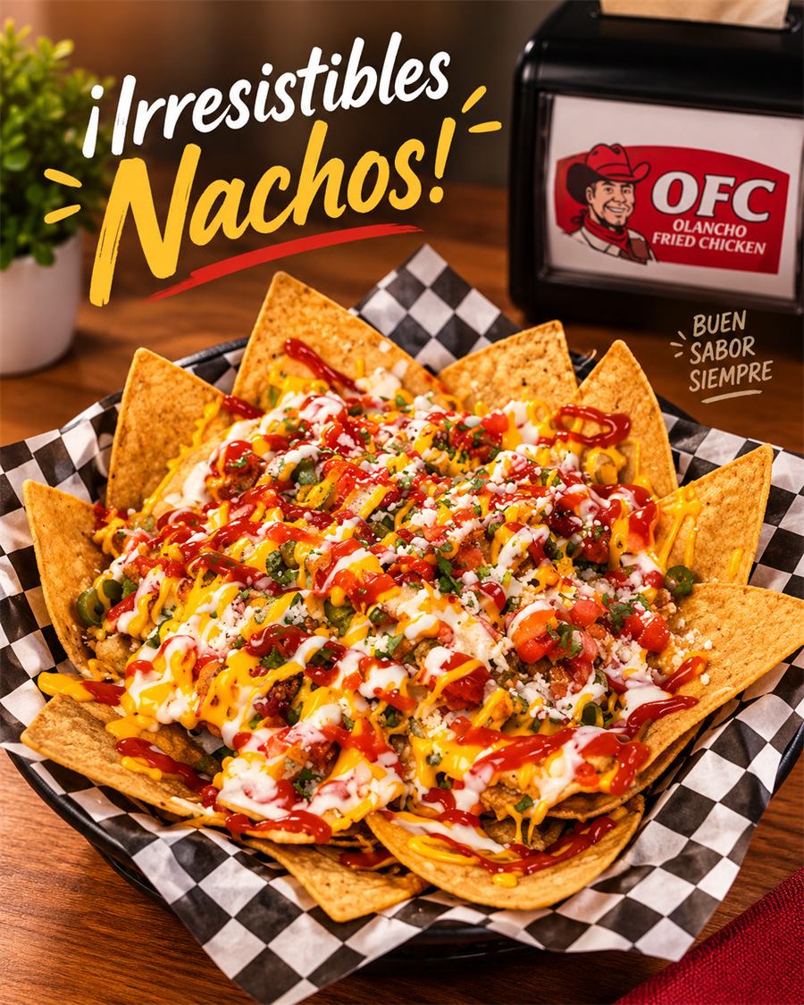 Afiche: nachos con queso, pollo y salsas.