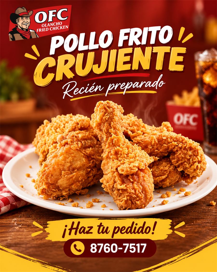Afiche: pollo frito crujiente, recién preparado.