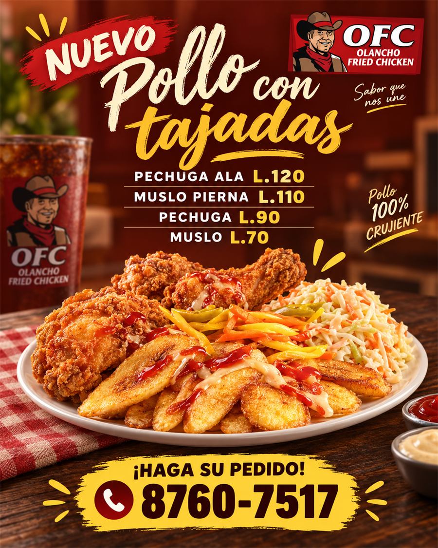 Afiche: pollo con tajadas. Pechuga y ala L. 120, muslo y pierna L. 110, pechuga L. 90, muslo L. 70.