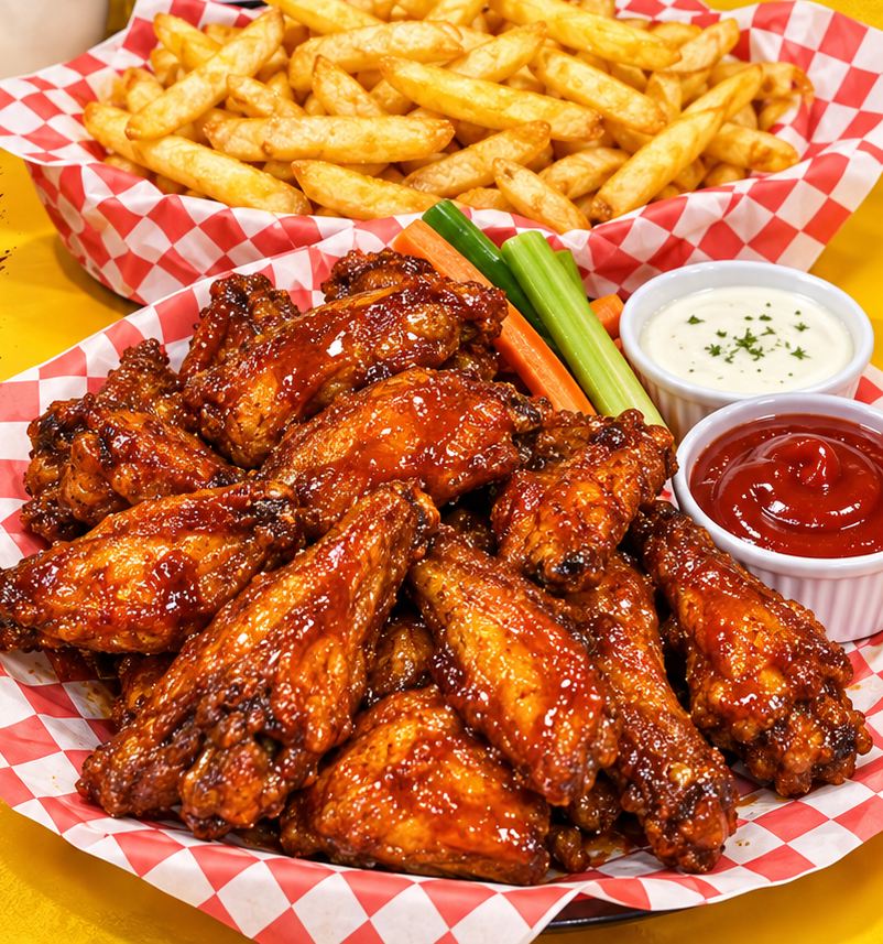 Alitas bañadas en salsa con papas, apio y aderezos