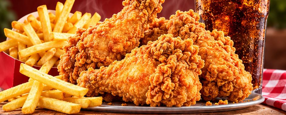 Piezas de pollo frito con papas y refresco