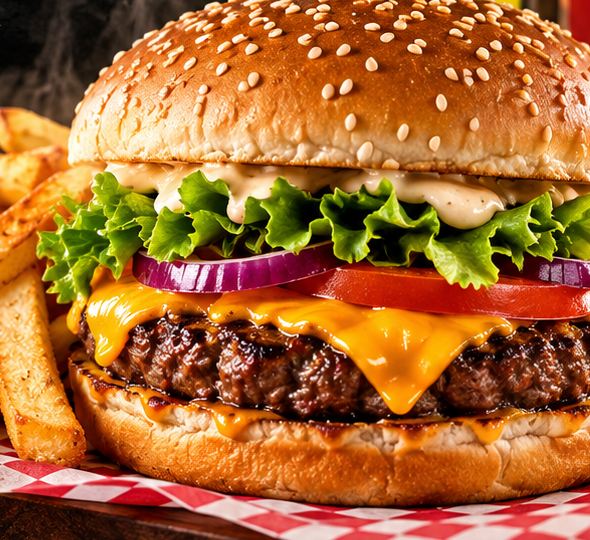 Hamburguesa con queso, lechuga, tomate y papas