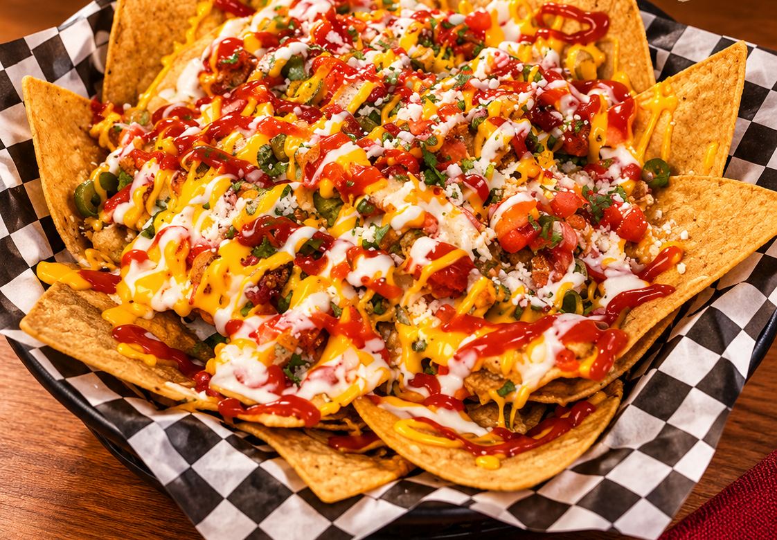 Nachos con queso, pollo y salsas