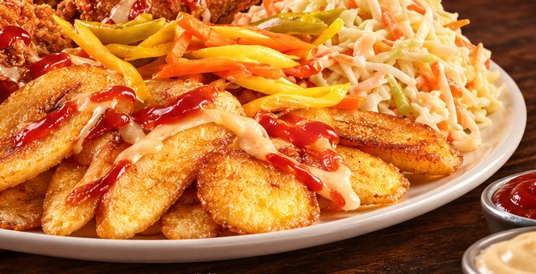 Tajadas de plátano verde recién fritas con aderezo, salsa, chimol y ensalada de repollo